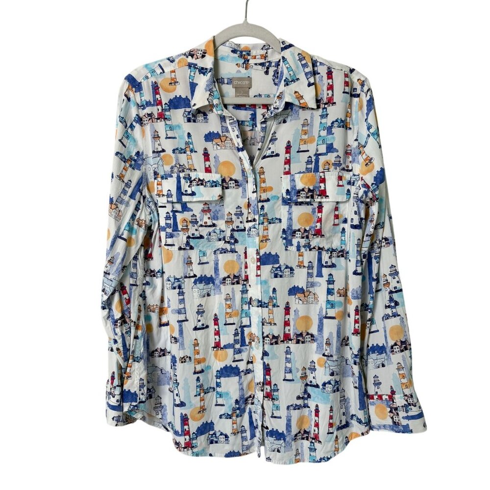 Chicos Lighthouse Print Button Up Shirt Size 2 US 12 14 Long Sleeve Top Nautical